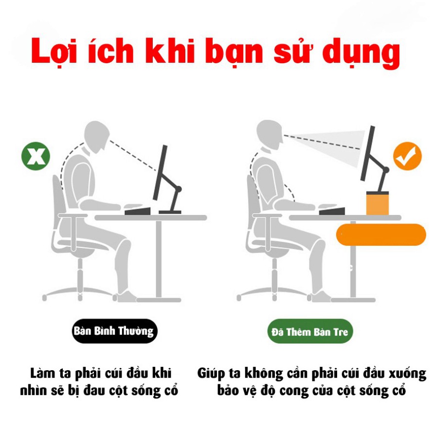 Giá để màn hình máy tính đa năng 100 Đốt gỗ tre - Kệ đỡ màn hình máy tính thông minh, có khớp điều chỉnh, có rãnh để đồ