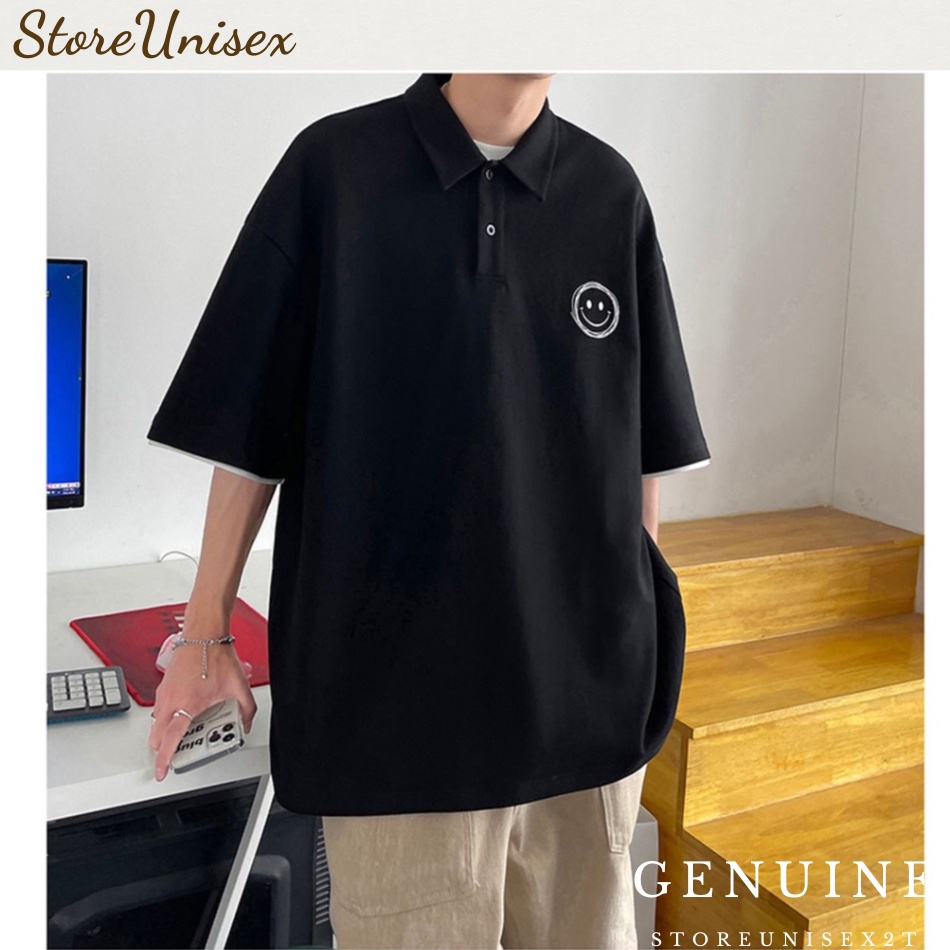 Áo polo tay lỡ nam nữ có cổ form rộng áo thun polo oversize in Mặt cười cotton giá xưởng UnisexShop222