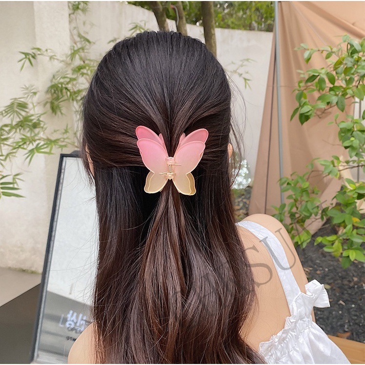 Kẹp Tóc Càng Cua Hai Lớp Họa Tiết Bướm Màu Đục Phong Cách Hàn Quốc Thanh Lịch