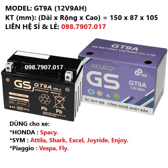 ẮC QUY GS cho xe VISION, WAVE, DREAM, SIRUS, AIR BLABE, WINER, EXITER, SH, ATILA, PIAGIO, CLICK, NOZZA, JUPITER, FUTURE