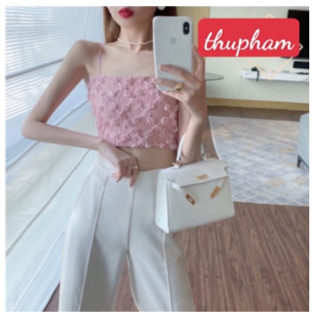 Áo bra ren 2 dây dáng croptop ren hoa hồng 3D nổi cực xinh
