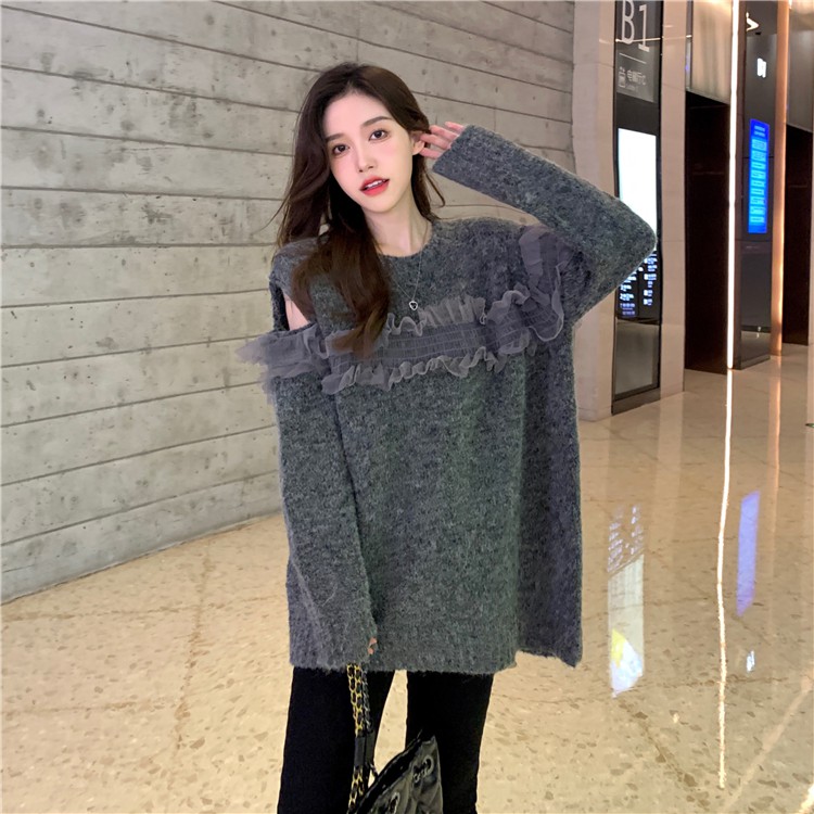 Áo Len Sweater Khoét Vai Phối Bèo LSEOUL A2184 Chất Dày Dặn Mềm Mại Nữ Tính
