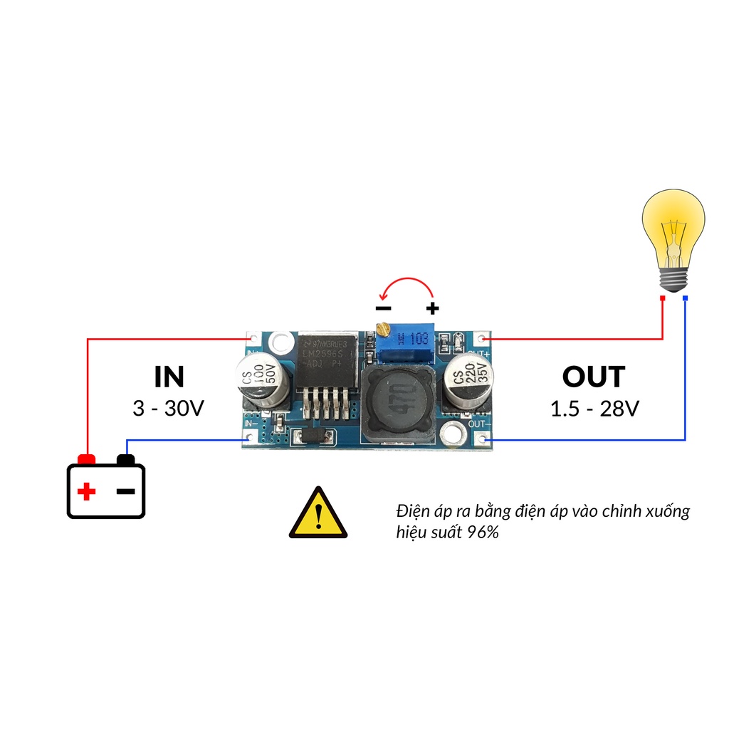 Mạch Giảm Áp DC LM2596 dòng tối đa 3A, đầu vào 3-30V, đầu ra 1.5-29V