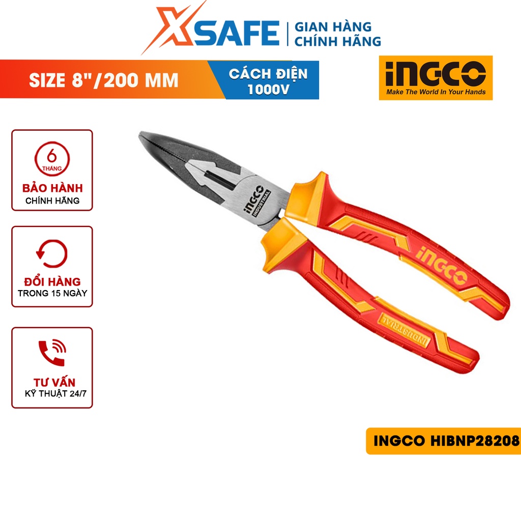 Kềm mũi cong cách điện INGCO HIBNP28208 đầu kềm mạ đen, đánh bóng - chính hãng