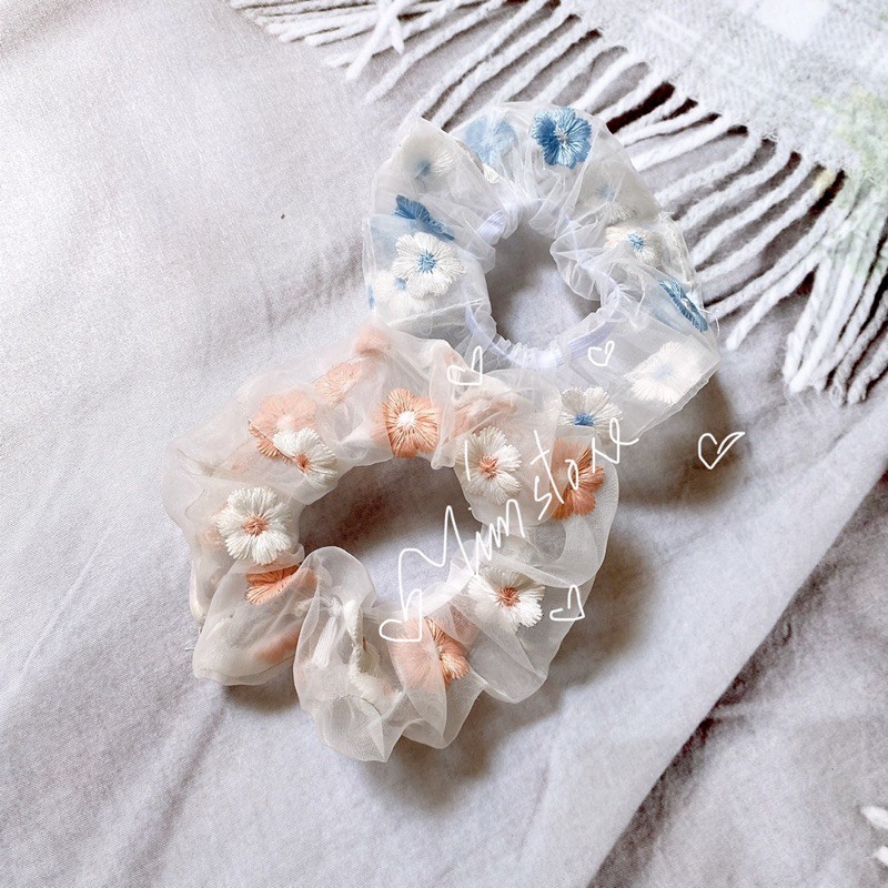 {ẢNh thật}SCRUNCHIES THUN LƯỚI HOA THÊU VINTAGE- CỘT TÓC VẢI THỜI TRANG NỮ GIÁ RẺ