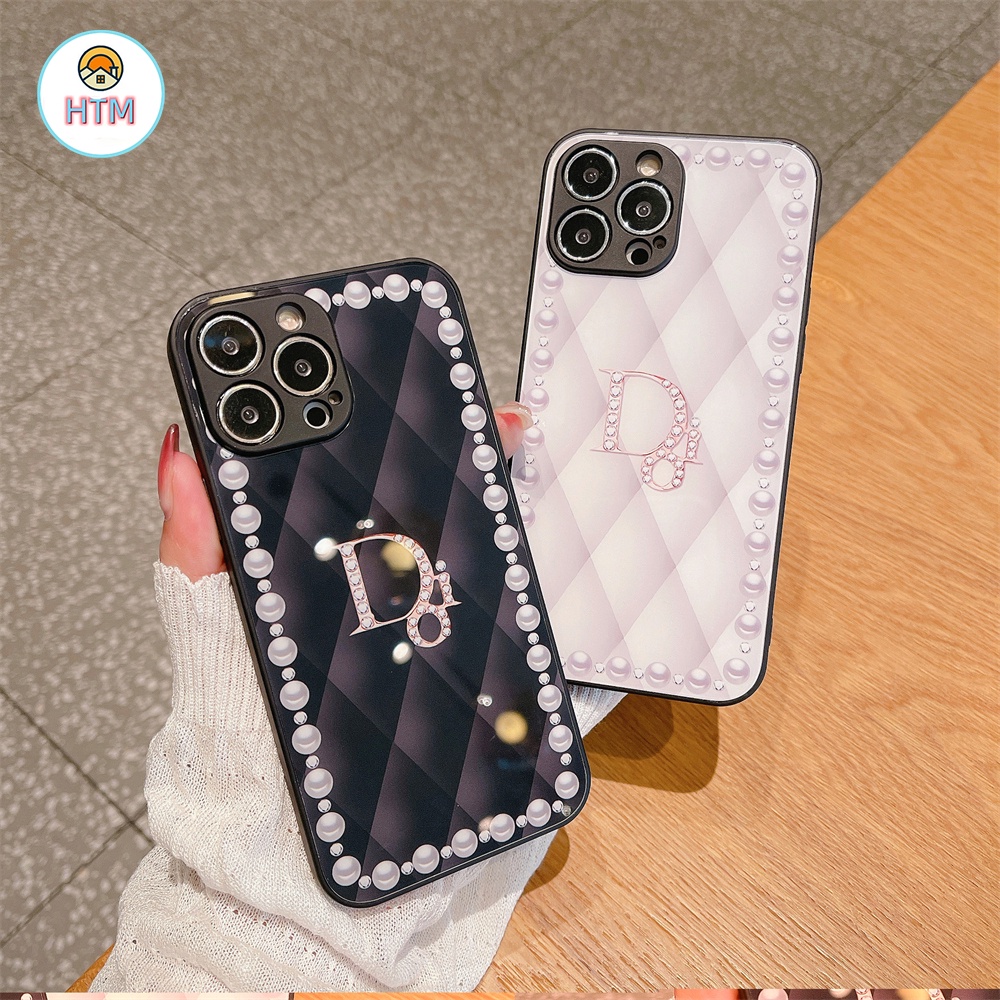 Ốp Điện Thoại Mặt Kính Viền Vuông Đính Ngọc Trai Sang Trọng Cho iPhone 13 12 11 Pro Max Promax XS Max