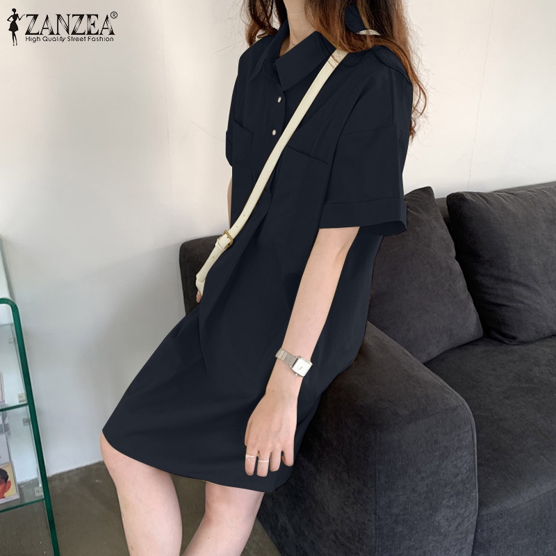 Váy mini ZANZEA dáng rộng cổ áo lật xuống có túi phía trước màu trơn cho nữ