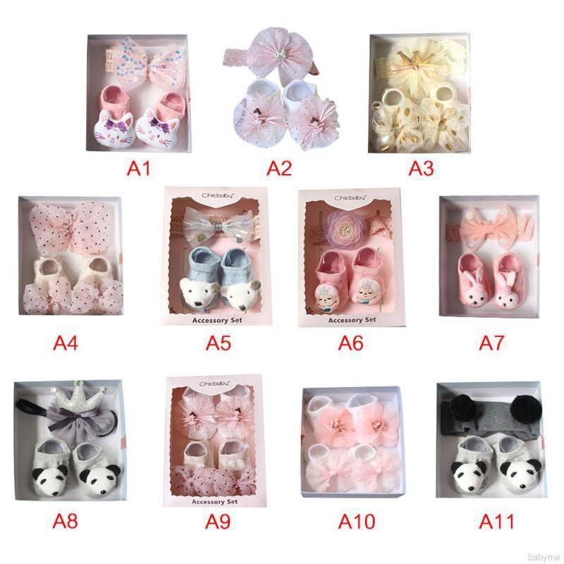 Baby Socks And Headband Set Lovely Flowers Decorated Anti-Slip Ankle Socks Elastic Hair Band Set