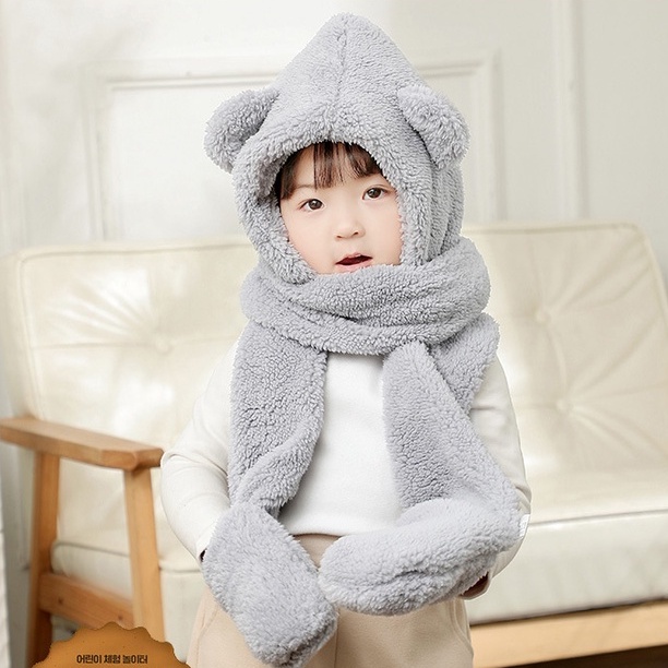 Mũ len lông cừu trùm đầu tai gấu liền khăn cổ giữ ấm kèm găng tay chồng gió lạnh mùa đông cho bé từ 3 - 15 tuổi