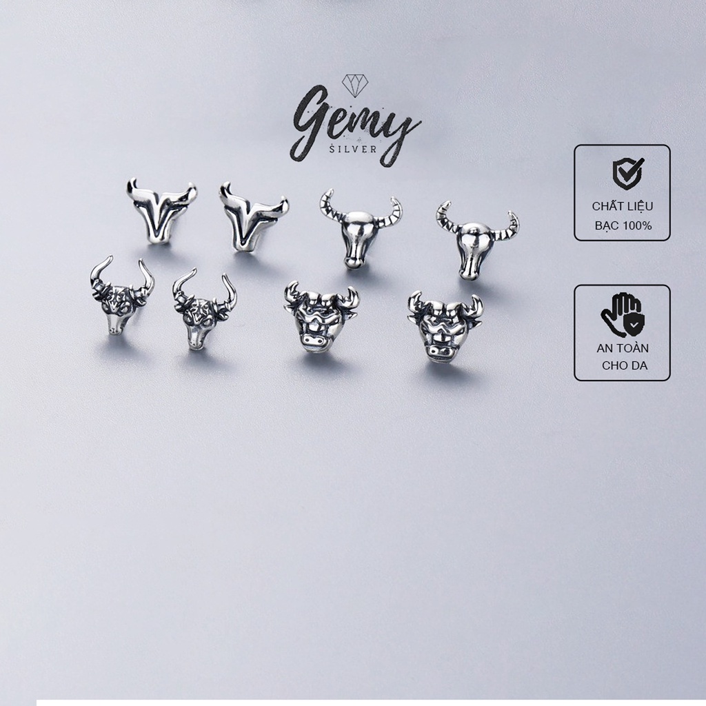 Bông tai, Khuyên tai nam bạc cao cấp Buffalo hình đầu trâu cá tính, độc đáo, nam tính KN9 (1 chiếc)| GEMY SILVER