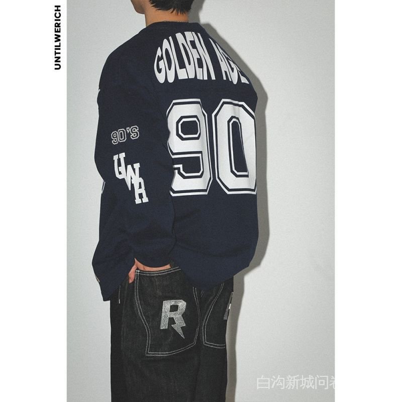 Áo Thun Tay Dài Dáng Rộng In Số 90 Hockey Jersey Kiểu Retro Mỹ Thời Trang Mùa Xuân Năng Động