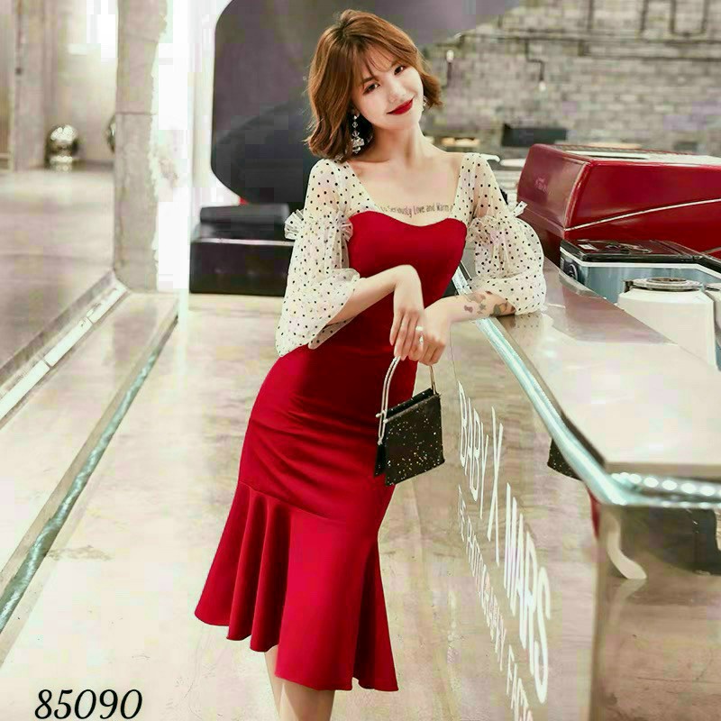 Đầm Đuôi Cá Đỏ Chất Liệu Mango Phối Lưới Tay Mặc Đẹp Tôn Dáng Yêu Kiều [NEW UNISEX]