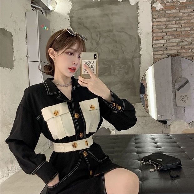 Đầm mỏng cổ vest màu đen phong cách retro Hàn Quốc thời trang thu đông cho nữ 2021