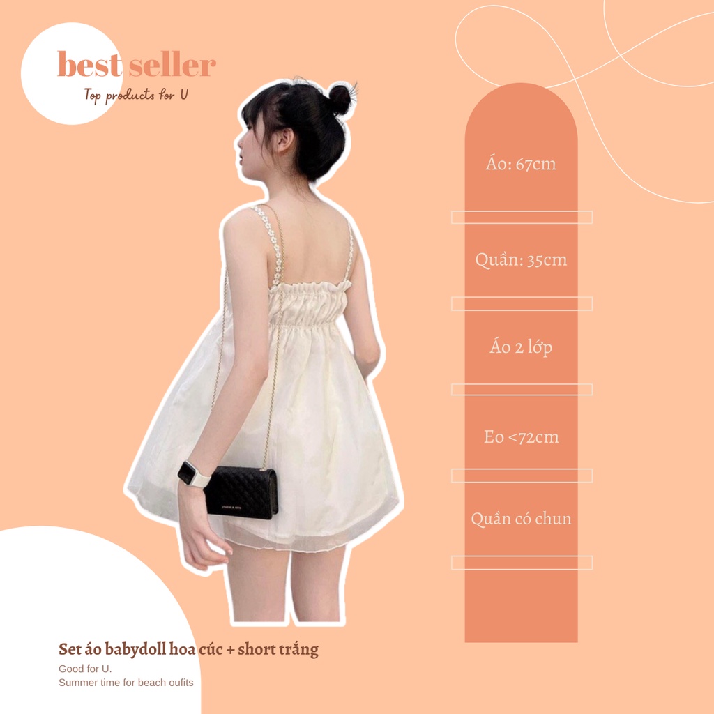 Set bộ áo babydoll 2 dây nhún ngực kèm short trắng