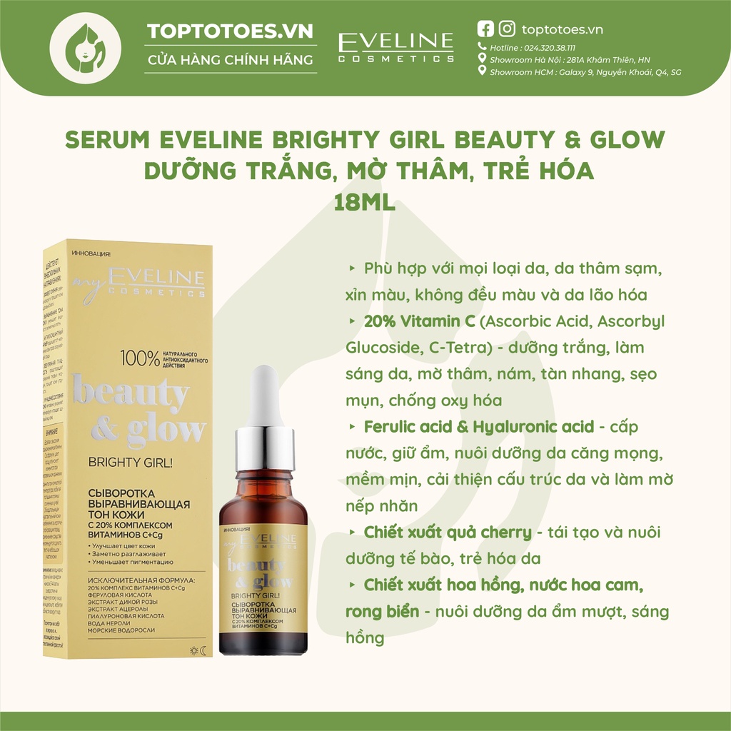 Serum Eveline Brighty Girl Beauty &amp; Glow dưỡng trắng, mờ thâm nám, trẻ hóa da - 18ml