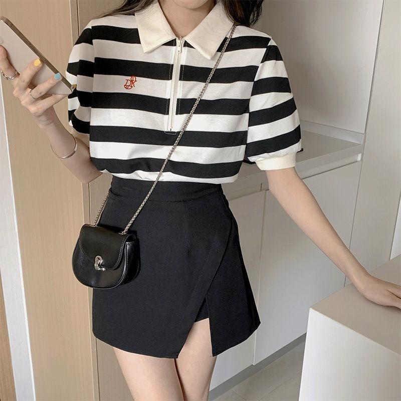Áo polo Ngắn Tay Dáng Rộng Họa Tiết Kẻ Sọc Trắng Đen Phong Cách Retro Mỹ Hàng Mới Dành Cho Bạn Nữ