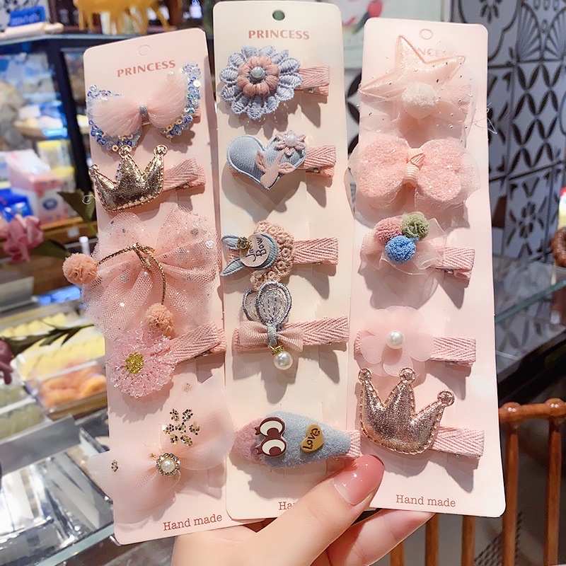 Set 5 kẹp nơ ren họa tiết hoa lá cực xinh màu pastel phong cách Hàn Quốc - kẹp tóc cho bé