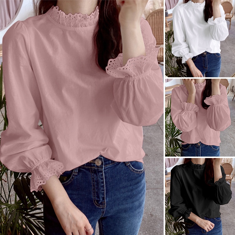 Áo kiểu Zanzea tay dài cổ đứng phối ren phong cách Hàn Quốc thời trang cho nữ