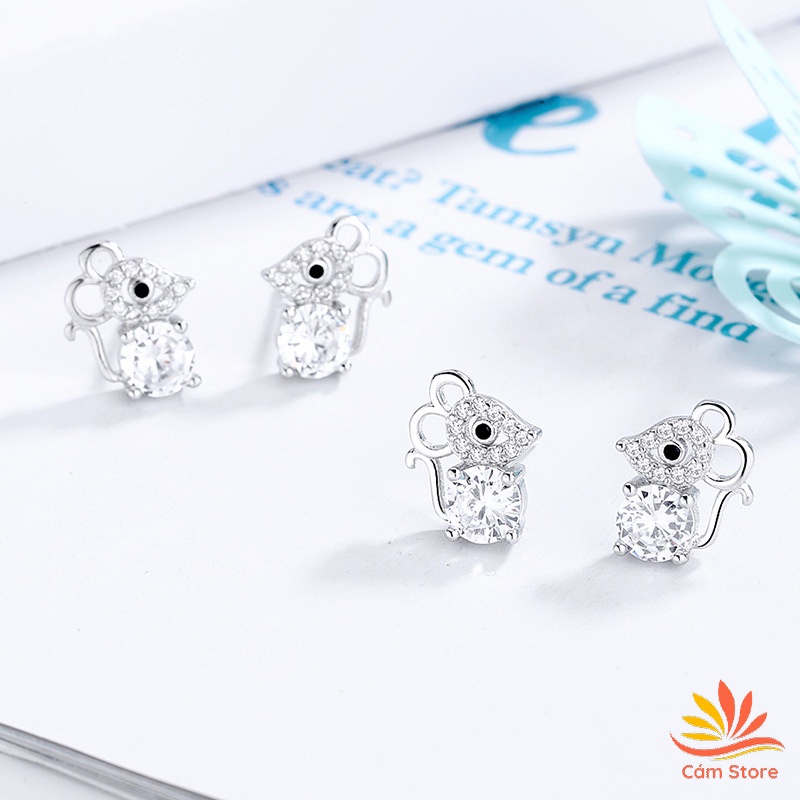 Bông tai chuột con bằng đá Zircon trắng tinh nghịch mạ bạch kim chuôi Bạc 925 phong cách Hàn Quốc | CB0511