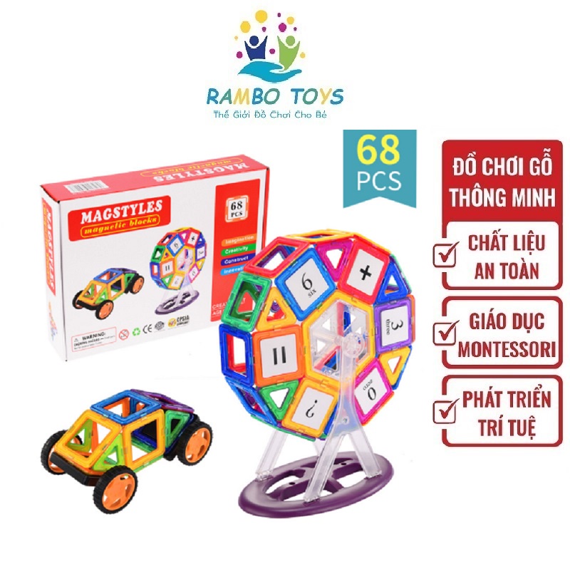 Xếp hình nam châm 68 chi tiết size lớn MAGNETIC, Đồ chơi xếp hình cho bé, an toàn, phát triển tư duy RAMBO TOYS