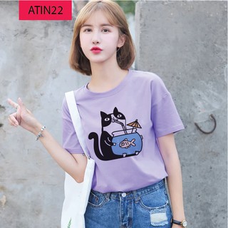 [ÁO MỚI VỀ]ÁO THUN NĂM NỮ IN HÌNH MÈO UỐNG NƯỚC CÁ SIÊU HOT ĐỦ MÀU ĐỦ SIZE - ATIN22