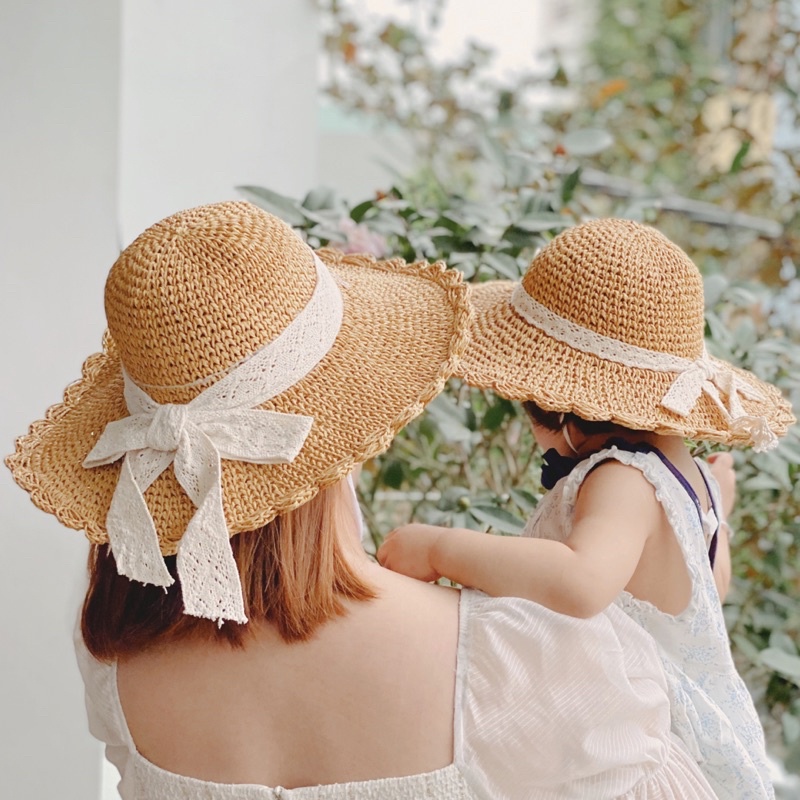 Mũ Cói Mềm Móc Tay Ren Mẹ Và Bé