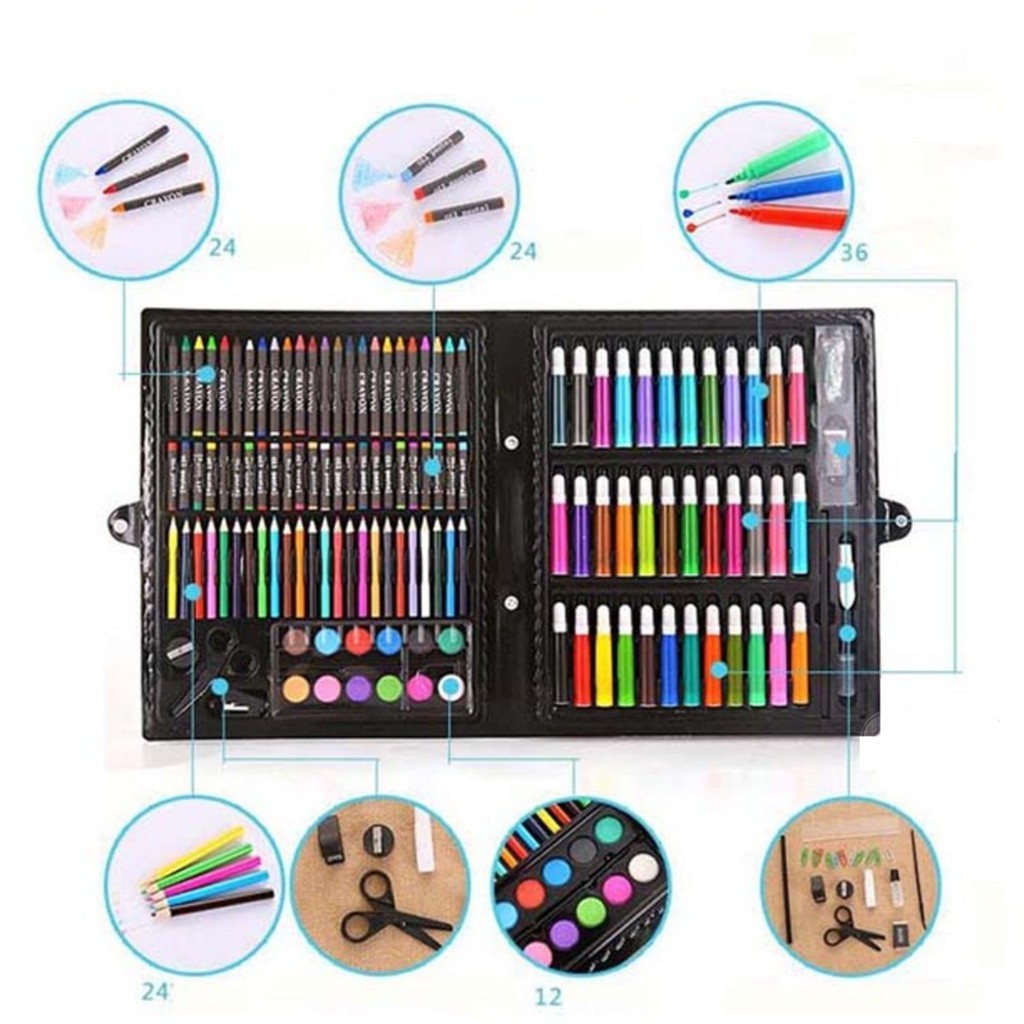 Hộp Màu Vẽ 150 Chi Tiết - Gồm màu sáp, màu dạ, màu nước, chì màu và dụng cụ