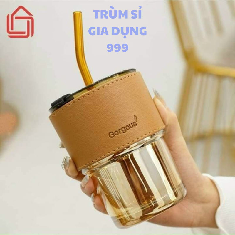 Cốc Thủy Tinh Màu Hổ Phách Bọc Da Cao Cấp 450ML, Cốc thủy tinh có nắp đậy kèm ống hút sang chảnh 400ml, Ly thủy tinh