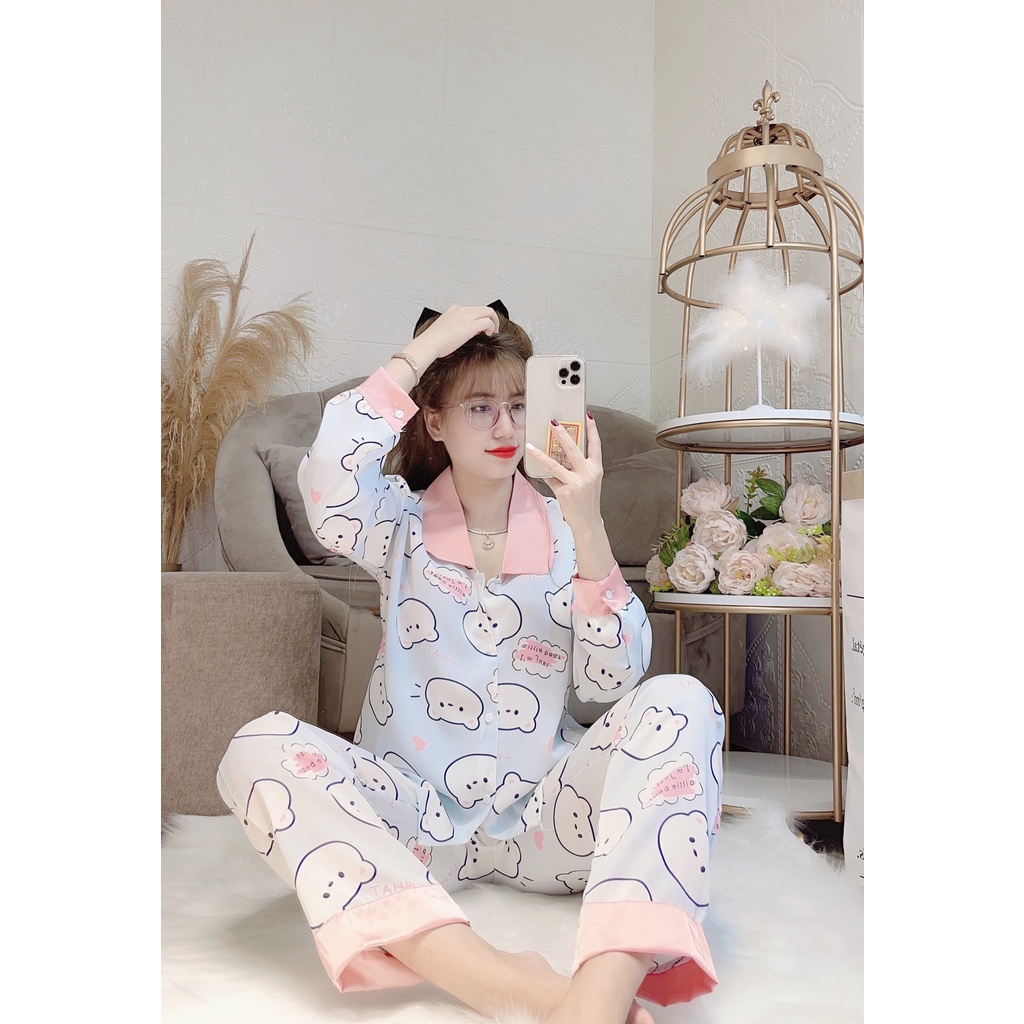 Bộ đồ ngủ Pijama 𝘾𝘼𝙊 𝘾𝘼̂́𝙋 tay dài cổ sen, Bộ mặc nhà lụa mango mềm mịn thương hiệu Sam , Trẻ trung , sang chảnh