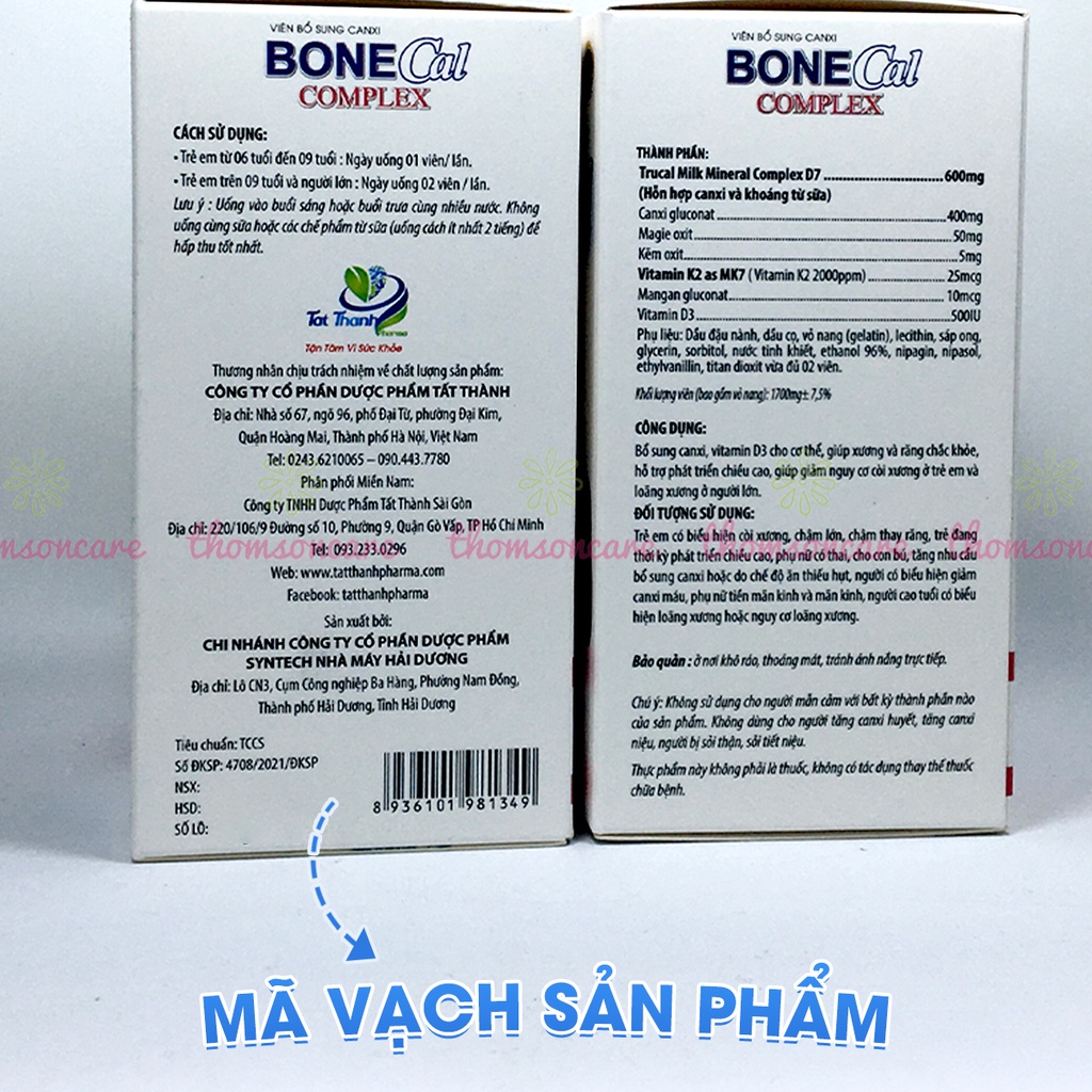 Bổ sung Canxi từ sữa Bone Cal Comlex, giảm loãng xương, còi xương ở trẻ em và người lớn, có thêm D3 K2 Hộp 30 viên