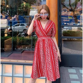 [KÈM QUÀ TẶNG] Đầm thổ cẩm đỏ buộc dây lưng
