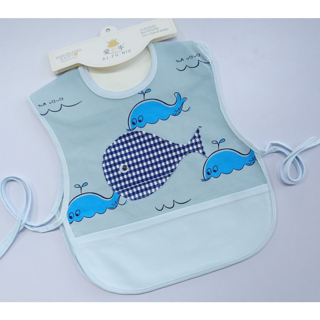 Set 2 yếm máng họa tiết Cá Ai Fu Niu cao cấp, chất cotton chống thấm nước, có máng đựng thức ăn rơi Zimbababy