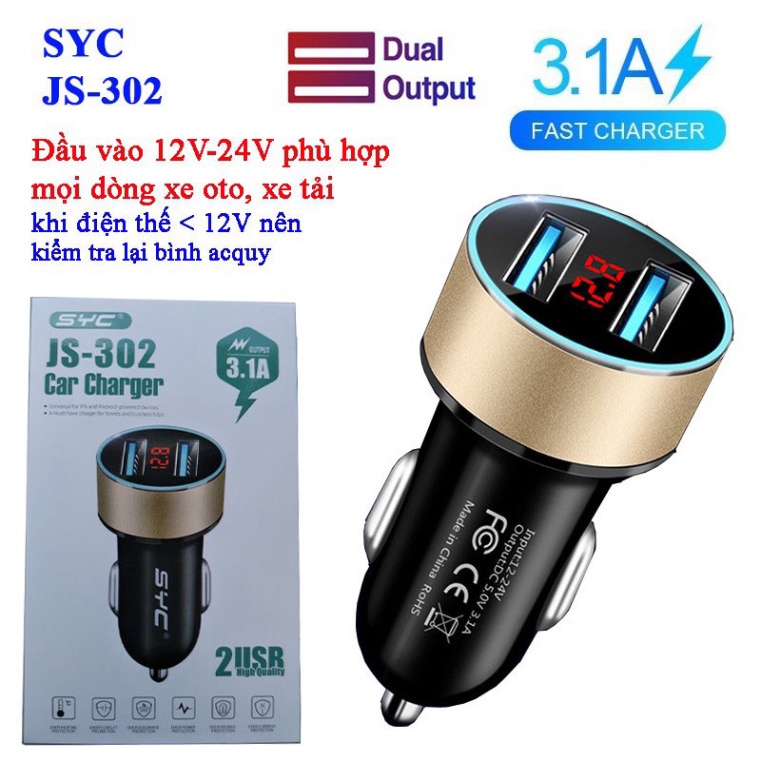 Tẩu sạc xe hơi SYC JS 302 12-24V với 2 cổng USB 3.1A màn hình LCD MSP 021