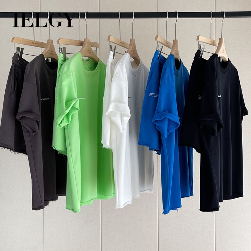 IELGY Bộ áo thun tay ngắn dáng rộng in chữ + quần short lưng cao thời trang mùa hè năng động cho nữ