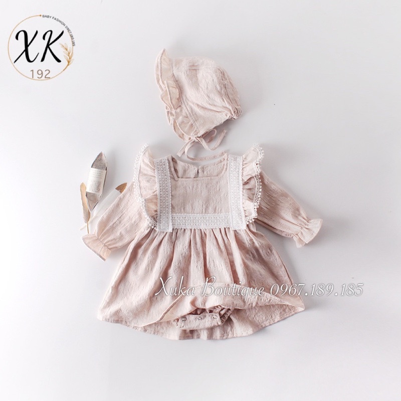 Bodysuit Dài Tay Giả Váy Kèm Mũ Tiểu Thư Cổ Ren Cánh Tiên Cao Cấp Bé Gái