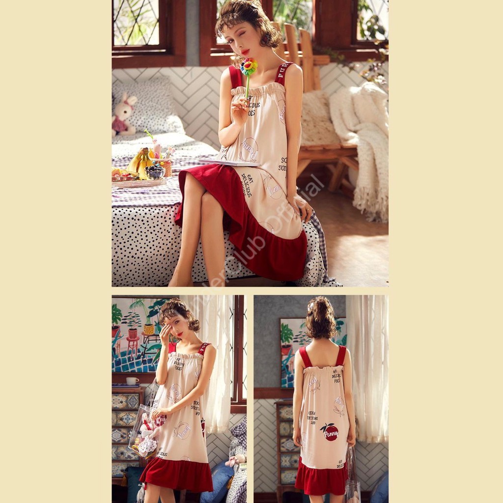 Váy Ngủ Hai Dây Dáng Suông Qua Gối, Đầm Ngủ Thun Cotton Kèm Nơ Nigma | BigBuy360 - bigbuy360.vn