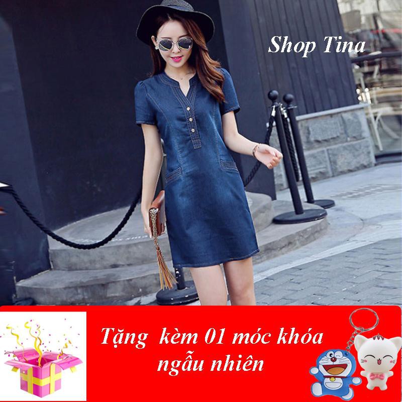 [DEAL HOT]- ĐẦM JEAN CỔ V NẸP VIỀN PHỐI TÚI – MS: T1031