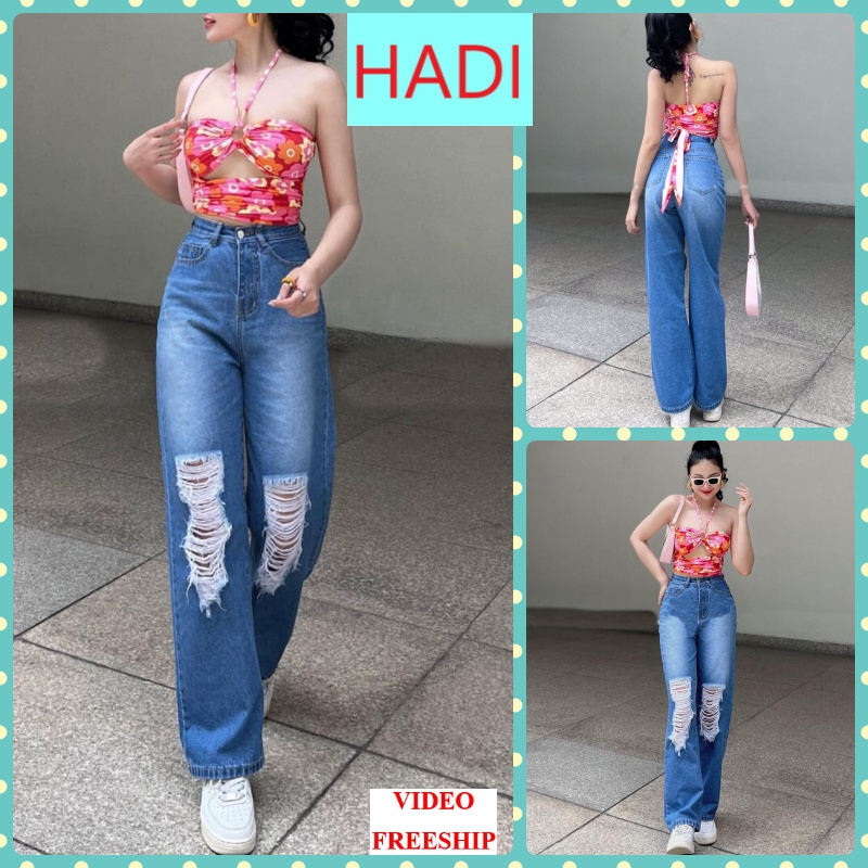 QUẦN JEANS ỐNG RỘNG NỮ LƯNG CAO RÁCH 2 CÀO CHỮ NHẬT ĐÙI MÀU XANH ĐẬM PHỐI PHUN THỜI TRANG LAI CUỐN DÀY DẶN PHÁ CÁCH HADI