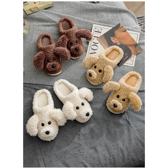 Dép bông đi trong nhà hình thú hình chó con siêu đáng yêu  đế cao su siêu êm, dép lông nam nữ