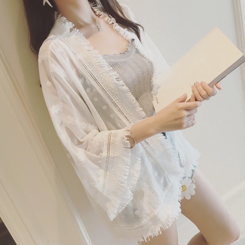Áo khoác kimono vải xuyên thấu phối tua rua thời trang cho nữ