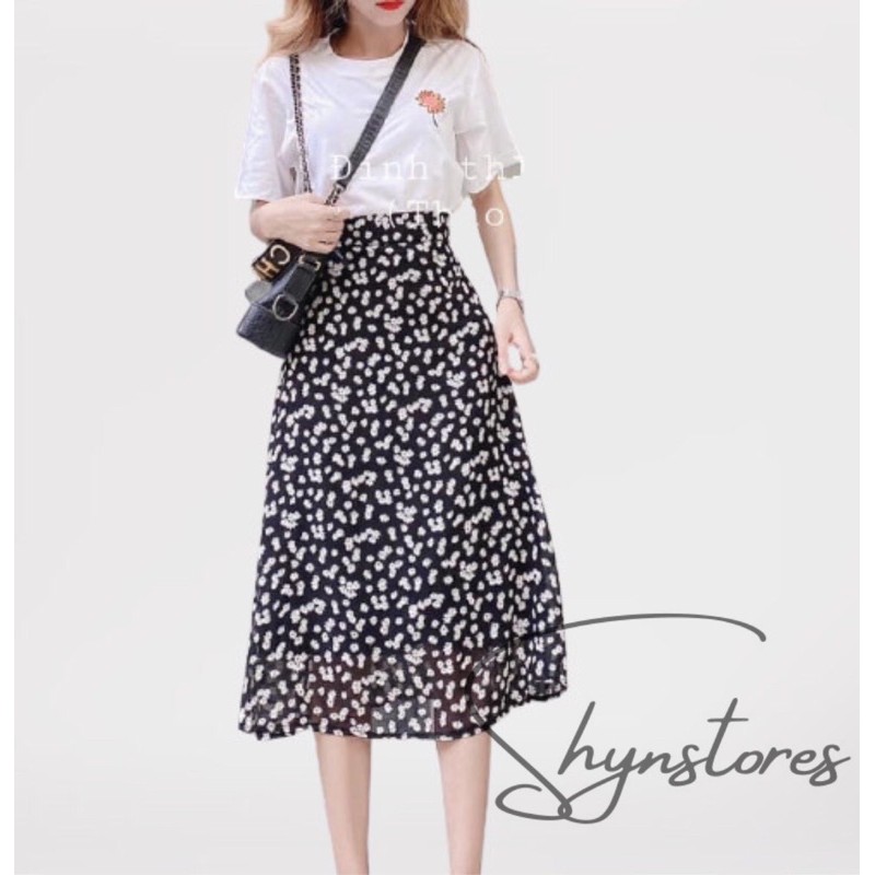 Chân váy xòe nữ dáng dài họa tiết hoa cúc hot trend chất voan lụa cạp chun co giãn tốt