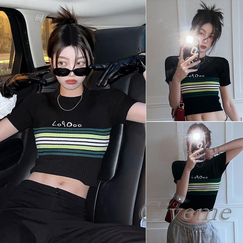 Áo Croptop Dệt Kim Cổ Tròn Tay Ngắn Họa Tiết Kẻ Sọc Thời Trang Mùa Hè Cho Nữ