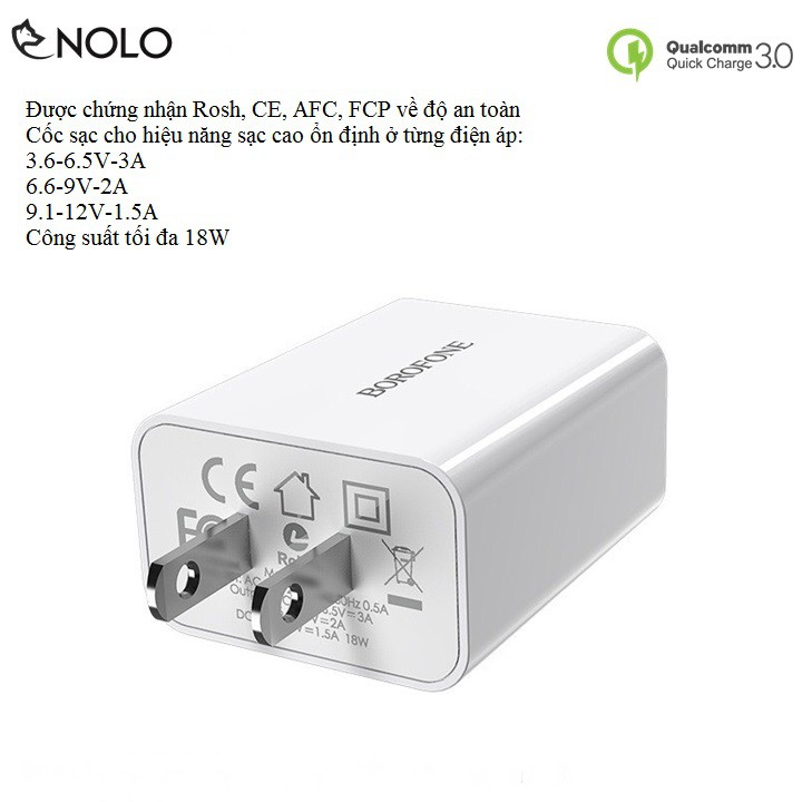 Cốc Củ Sạc Nhanh Quickcharger QC3.0 1 USB Borofone BA21 Công Suất 18W