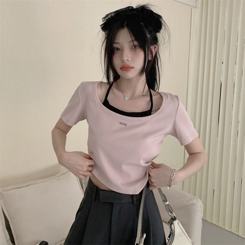 Áo Thun Ngắn Tay Hai Mảnh Thiết Kế Dáng Ngắn Phong Cách Hàn Quốc Thời Trang Mùa Hè Hàng Mới 2022 Dành Cho Bạn Nữ