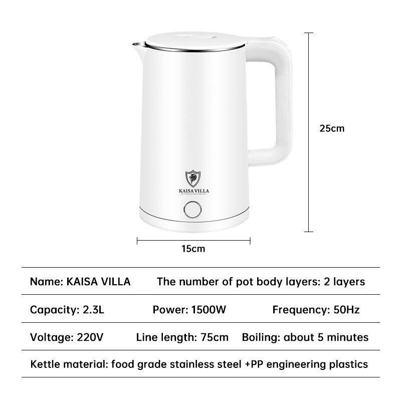Ấm đun siêu tốc Kaisa Villa dung tích 1.8L bằng thép không ghỉ, công suất 1500W