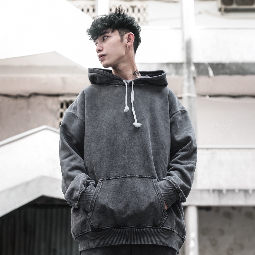 Áo Hoodie Wash Xám Trơn Unisex Chất Liệu 100% Cotton Dày Dặn Form Rộng Thoải Mái Phong Cách Đơn Giản