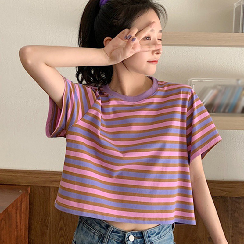 Áo Thun Nữ Tay Ngắn Dáng Rộng Kẻ Sọc Phong Cách Hàn Quốc