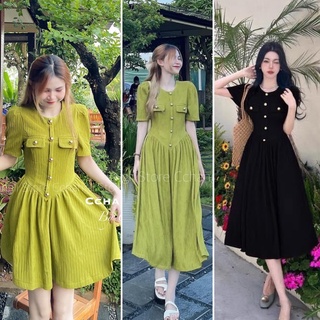 Đầm midi xanh bơ đen vân gỗ túi nắp phối nút c