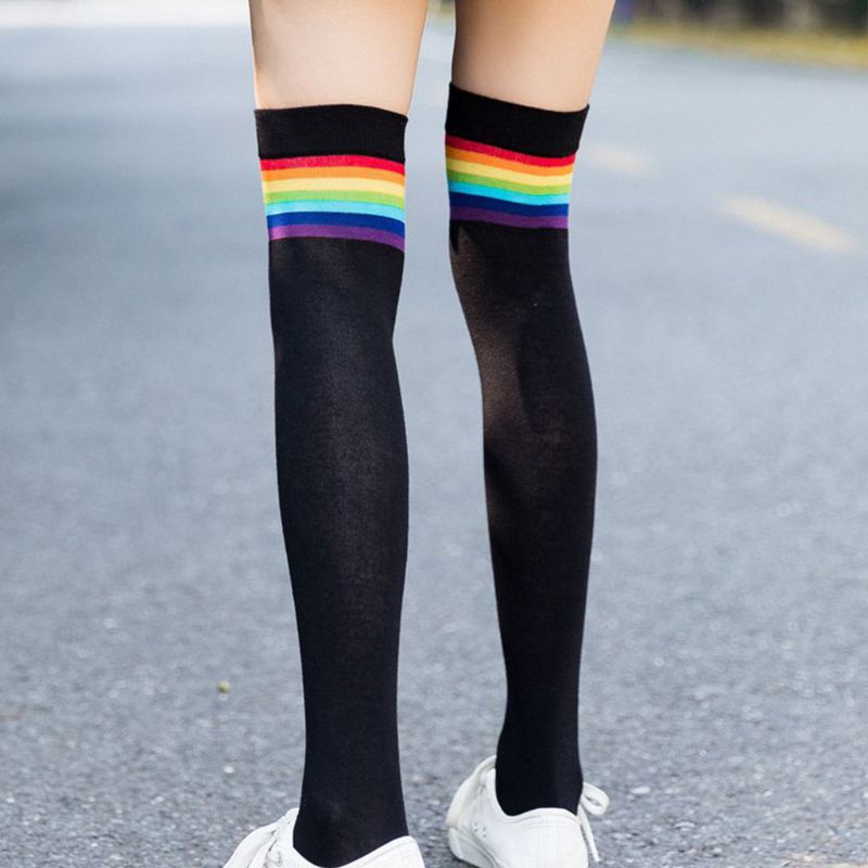 Vớ Dài Qua Gối 10MK Họa Tiết Sọc Cầu Vồng Sáng Phong Cách Preppy Nhật Bản Cho Nữ Sinh
