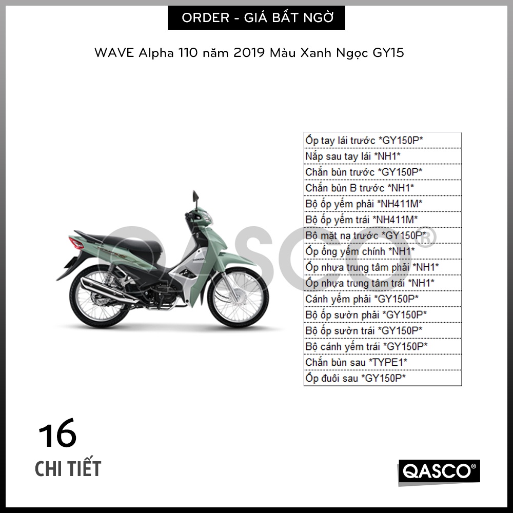 [ORDER] Dàn Áo - Bộ Nhựa Vỏ Xe WAVE Alpha 110 năm 2019 Màu Xanh Ngọc GY150 (CHÍNH HÃNG HONDA)